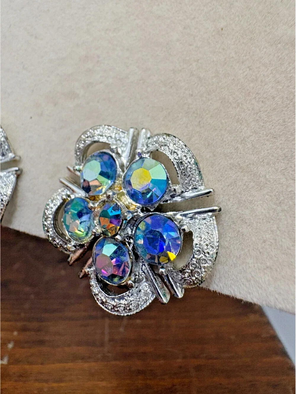 Vintage Coro Blue AB Rhinestone Silver Tone Flower Clip Earrings